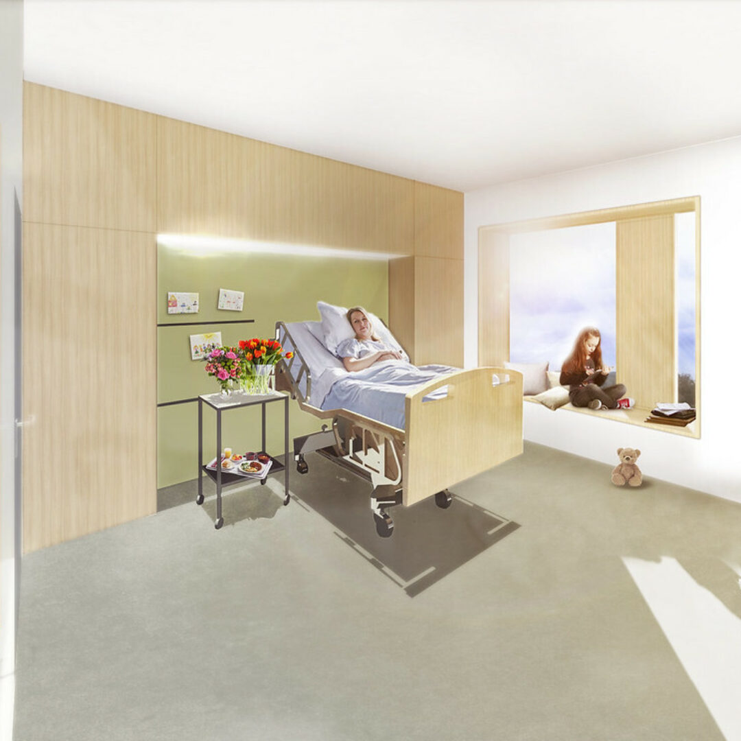 Illustrasjon av pasient i seng på enerom, Sykehuset Stavanger.