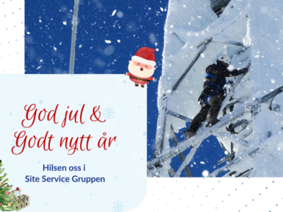 Bilde av ansatt i mast, med grafiske elementer og god jul og godt nytt år tekst fra Site Service gruppen